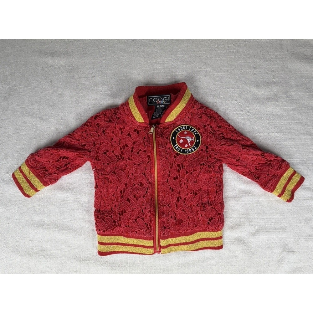 Coogi Kids 6-9M Red Lace Bomber Jacket Gold Trim Zip Up Baby Girl Australia